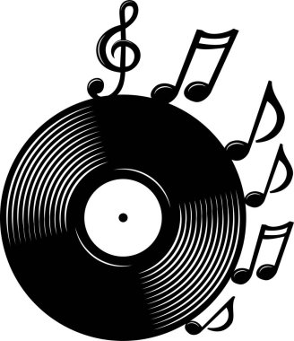 Plaklar ve müzik notaları. Ses ekipmanı DJ simgesi. Vektör illüstrasyonu beyaz arkaplanda izole edildi.
