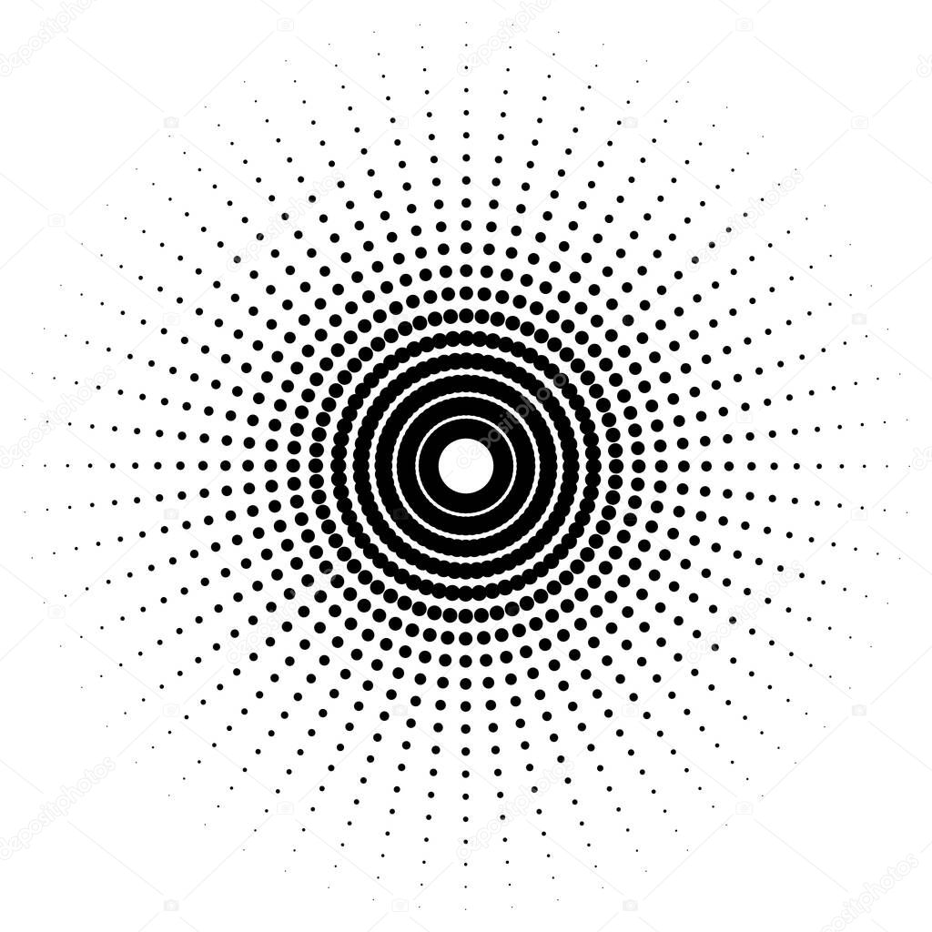Abstract radial halftone dotted circle. Round dot layout. Vector illustration isolated on white background.