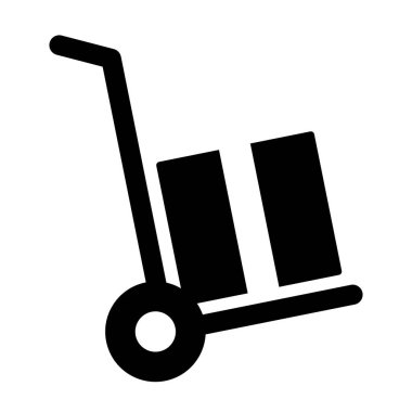 El arabası dağıtım arabası ikonu. Endüstriyel paket taşıma arabası sembolü. Vektör illüstrasyonu beyaz arkaplanda izole edildi.