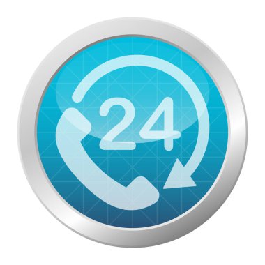 Müşteri destek ikonu açık mavi ve gümüş renkli parlak düğme çerçevesinde. 24 saat açık masa servisi yardım iletişim sembolü. Vektör illüstrasyonu.