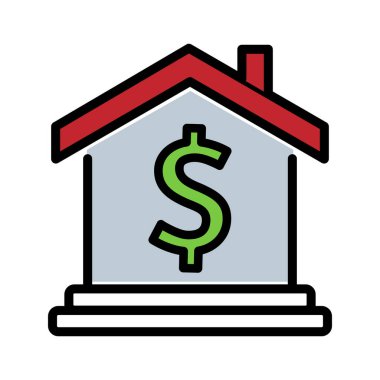 Beyaz arka planda dolar işareti simgesi olan bir ev. Banka binasının sembolü. Ev ve para gayrimenkul kavramı. Vektör illüstrasyonu.