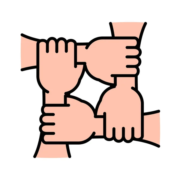 4つの手は お互いの腕のアイコンを保持 手で結ばれた人たちがサインをする ベクトルイラスト チャリティ ボランティア団体シンボル — ストックベクタ