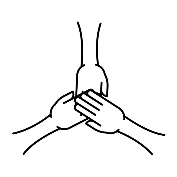 アイコンの上に3つの手があります 手で結ばれた人たちがサインをする ベクトルイラスト スポーツチーム 慈善団体 ボランティア団体のシンボル — ストックベクタ