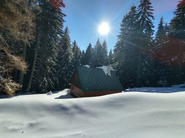 Krásná Horská Zimní Krajina Dřevěným Domem Lese — Stock fotografie