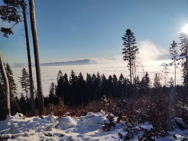Vackert Vinterlandskap Berg Med Moln — Stockfoto