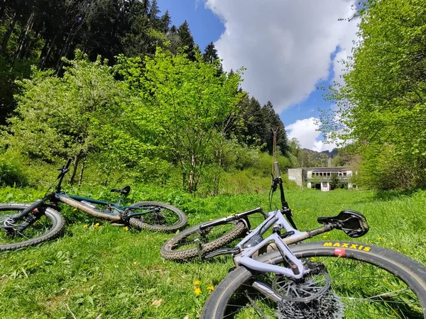 Biciclette Sdraiato Prato Verde Con Fiori — Foto Stock