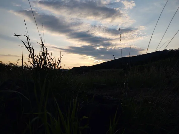 Schöne Natur Hintergrund Mit Sonnenuntergang Und Feld — Stockfoto