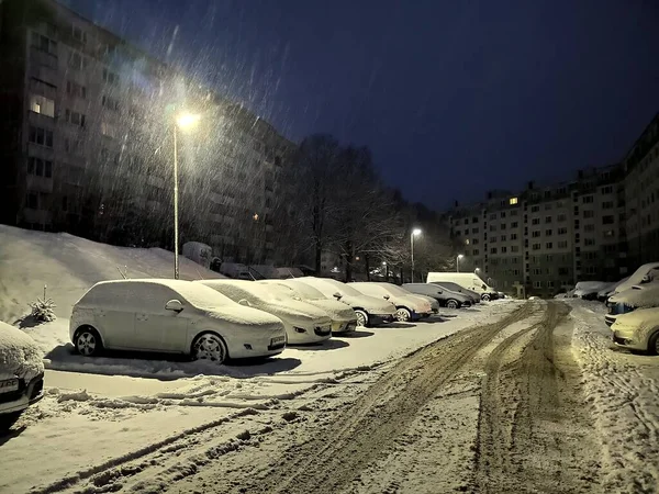 European City Snowy Weather Night Time — Stock Photo, Image