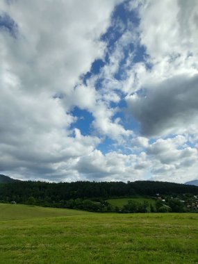 Yeşil çimen ve mavi gökyüzü olan güzel bir manzara.
