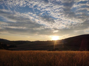 Günbatımı ve tarlası olan güzel doğa arka planı