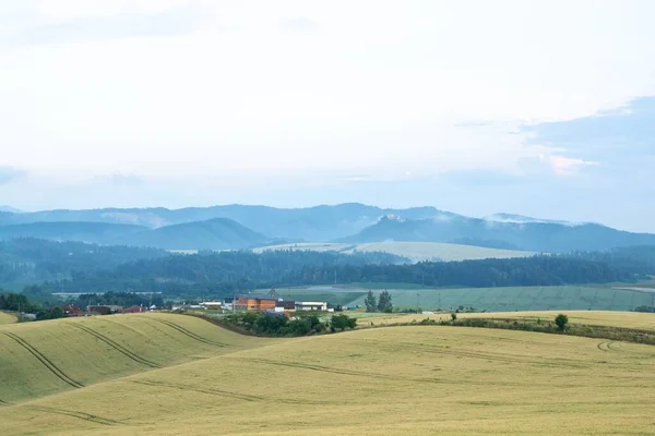 Schöne Landschaft Mit Feld Bergen Und Stadt — Stockfoto