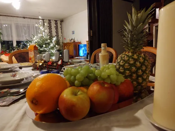 Mesa Navidad Con Frutas Casa — Foto de Stock