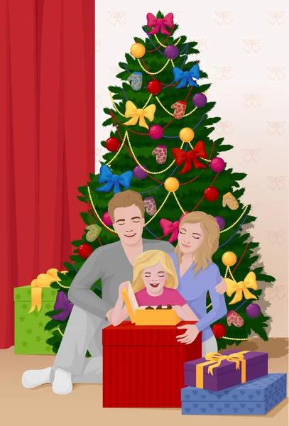 Família feliz perto da árvore de Natal com um monte de presentes —  Vetores de Stock