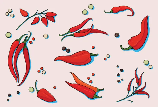 组成与不同类型的胡椒 — 图库矢量图片