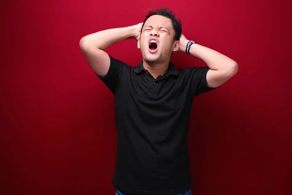 Confused and stress face of Young Asian man with hand gesture. Advertising model concept.