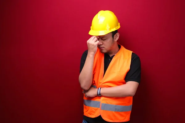 Confused and stress face of Young Asian man worker with hand gesture. Advertising model concept.