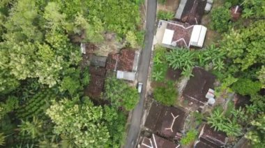 Endonezya 'nın kırsal kesimindeki köyde küçük bir yolda giden bir arabanın hava görüntüsü.