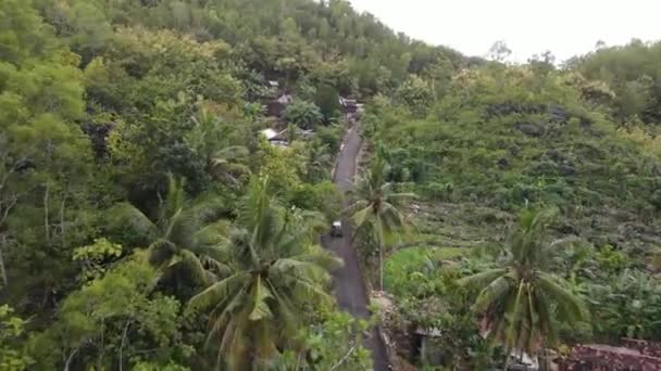 インドネシアの田舎の村を通って小さな道に乗って車の空中ビュー — ストック動画
