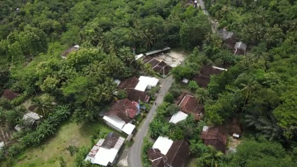 インドネシアの田舎の村を通って小さな道路に乗るオートバイの空中ビュー — ストック動画