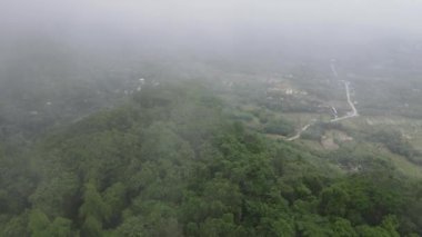 Pirinç tarlasının ortasındaki kaya dağı uçurumunun insansız hava aracı görüntüsü.