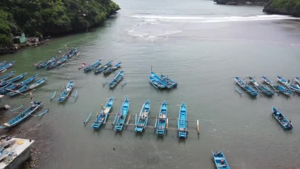 Aerial View Traditional Boats Lagoon Beach Indonesia — Vídeos de Stock
