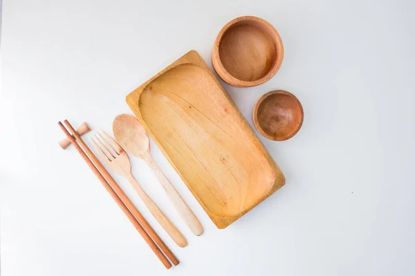 Wooden Cutlery Wooden Bowl Wooden Plate Cozy Arrangement Rustic Style — Foto Stock