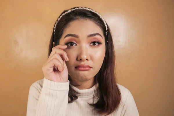 Shedding Tears Sad Expression Young Asian Woman White Shirt — стокове фото