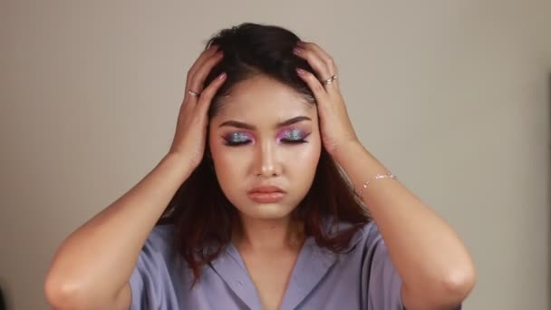 Portrait Beautiful Young Woman Headache — Stock Video