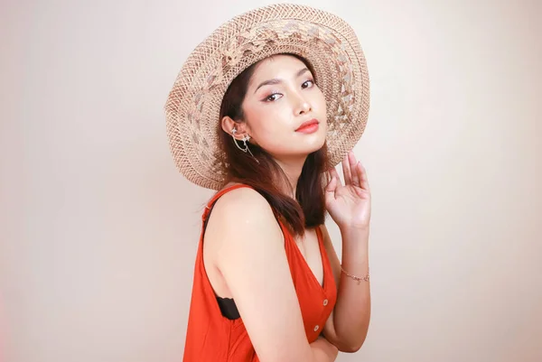 Excited Asian Woman Straw Hat Having Beach Vacation Isolated White — Stok fotoğraf