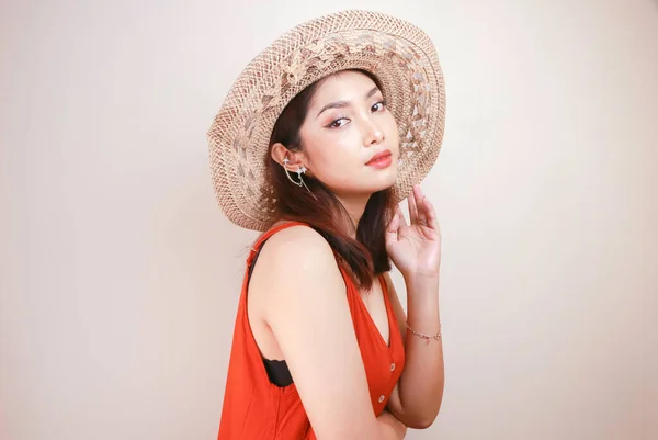 Excited Asian Woman Straw Hat Having Beach Vacation Isolated White —  Fotos de Stock