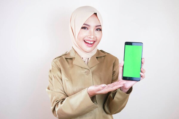 Smiling Government Worker Showing Blank Screen Smartphone Young Asian Muslim Royalty Free Stock Images