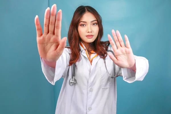 Serious Asian Female Doctor Stethoscope White Coat Showing Stop Sign — Stock Photo, Image