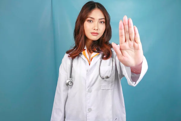 Serious Asian Female Doctor Stethoscope White Coat Showing Stop Sign — Stock Photo, Image