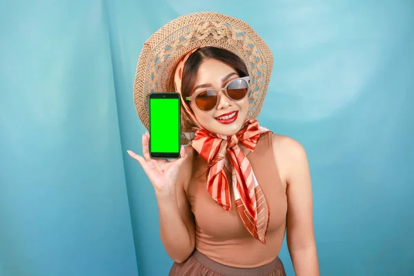 Traveling Concept Young Asian Happy Woman Showing Copy Space Her — Stockfoto