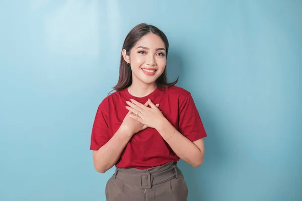 Happy Mindful Thankful Young Woman Holding Hands Chest Smiling Isolated — Fotografia de Stock