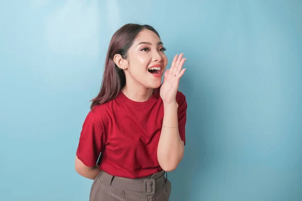 Portrait Excited Asian Woman Wearing Read Shirt Shouting Isolated Blue — Fotografia de Stock