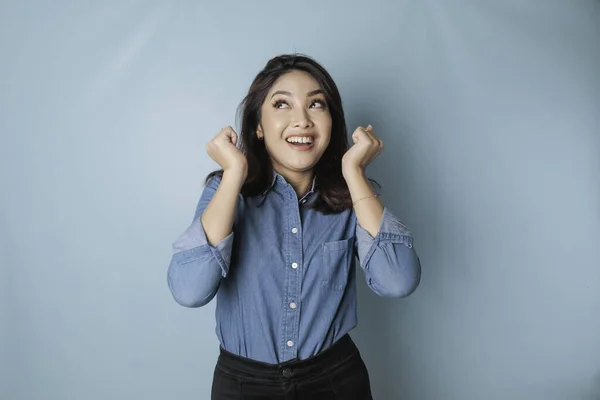 Portrait Cute Asian Woman Wearing Blue Shirt Feeling Excited Isolated — ストック写真