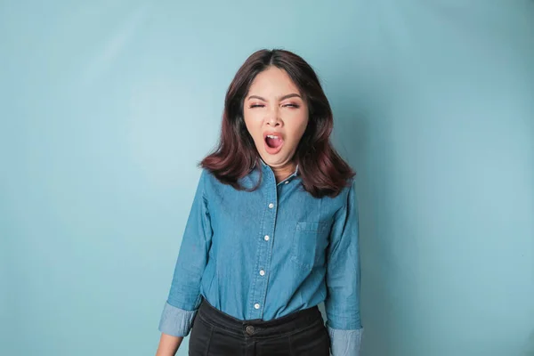 Portrait Sleepy Attractive Asian Woman Wearing Blue Shirt Feeling Tired — Stock Photo, Image