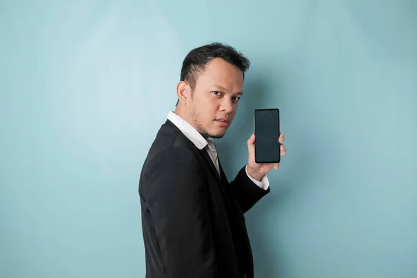 Young Asian Businessman Black Suit Feels Serious Focus Holding Smartphone — Stok fotoğraf