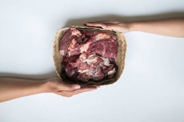 The top view of giving of sacrificial meat on Eid al-Adha isolated by white background
