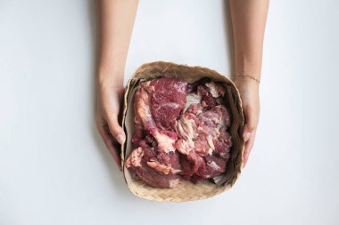 Top view of someone handing the raw meat on Eid al-Adha. Feast of Qurban during Eid Al Adha Al Mubarak