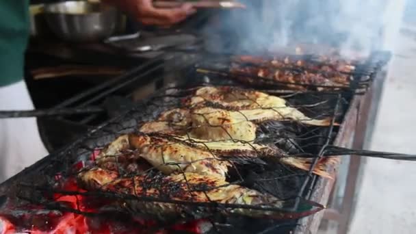 Cooking Fish Roasting Marinated Fish Barbecue Grill — Stock videók