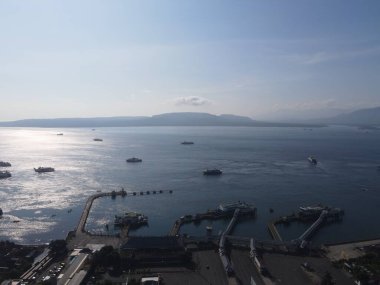 Aerial view of Port in Banyuwangi Indonesia with ferry in Bali Ocean