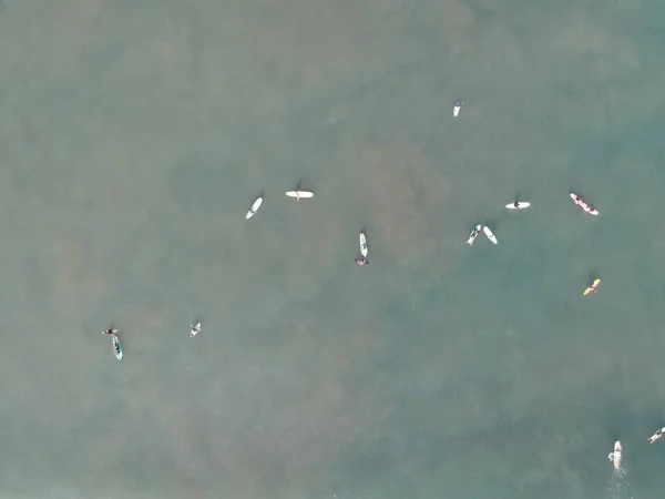 Aerial View People Surfing Waves Surfboards Vacation Bali Indonesia — 스톡 사진