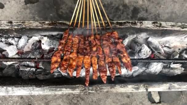 Chicken Satay Auf Dem Traditionellen Holzkohlefeuer Satay Flammen Mit Rauch — Stockvideo