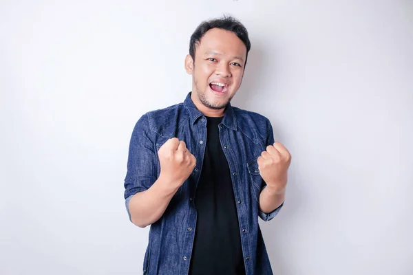 Young Asian Man Happy Successful Expression Wearing Navy Blue Shirt — Stock Photo, Image