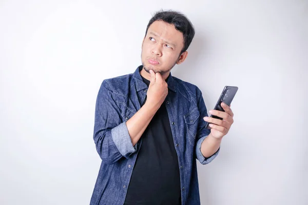 Portrait Thoughtful Young Asian Man Wearing Navy Blue Shirt Looking — Stock Photo, Image