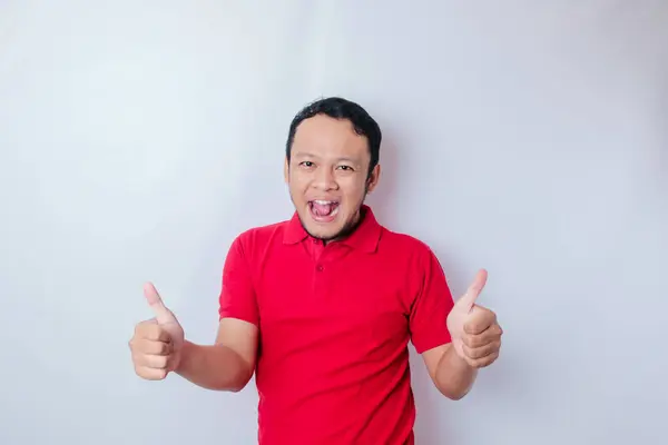 Excited Asian Man Gives Thumbs Hand Gesture Approval Isolated White — Stock Photo, Image