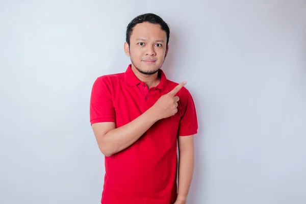 Excited Asian Man Wearing Red Shirt Pointing Copy Space Top — Stock Photo, Image