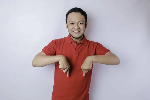 Excited Asian Man Wearing Red Shirt Pointing Copy Space Him — Stock Photo, Image